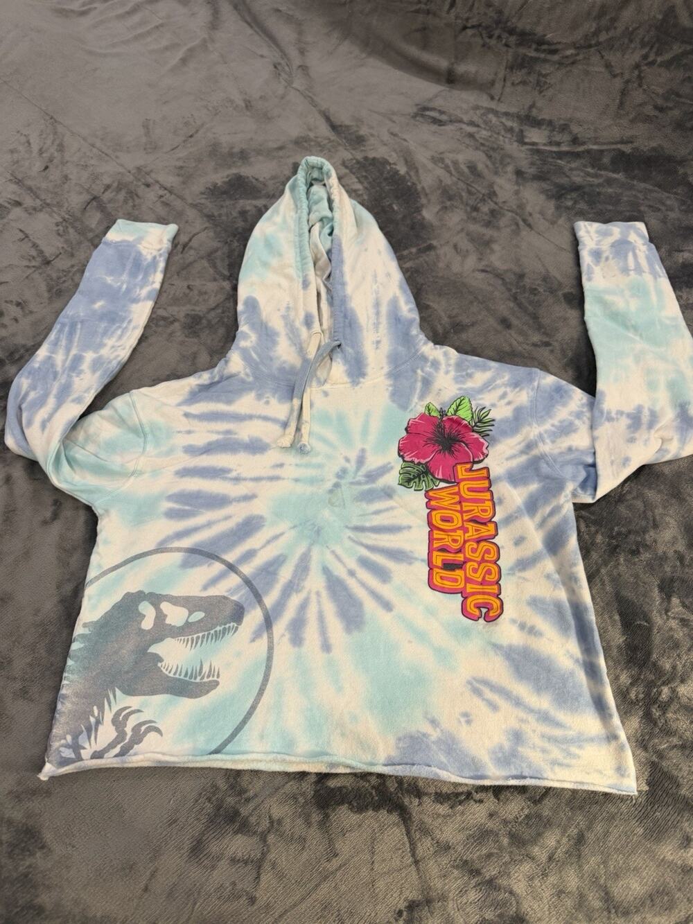 Womens Blue Jurassic Park Tie Dye Hooded Pullover Cropped Hoodie - Size Medium